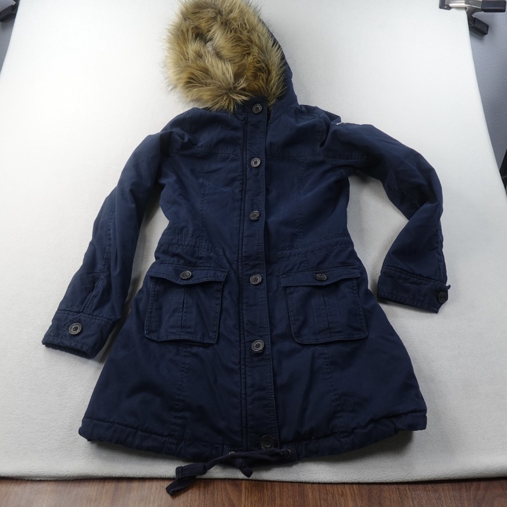 Abercrombie Fitch Womens Small Sherpa Military Parka Navy Faux Fur Hood Y2K